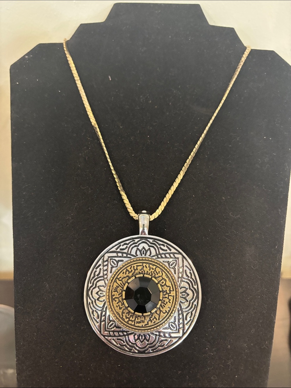 Mixed Metal Medallion Necklace with Black Center Stone